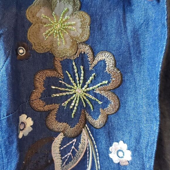 VINTAGE TANTRUM EMBROIDERED DENIM JEAN BLAZER JACKET FLORAL BOHO ARTSY 70s SZ PM - Picture 6 of 8